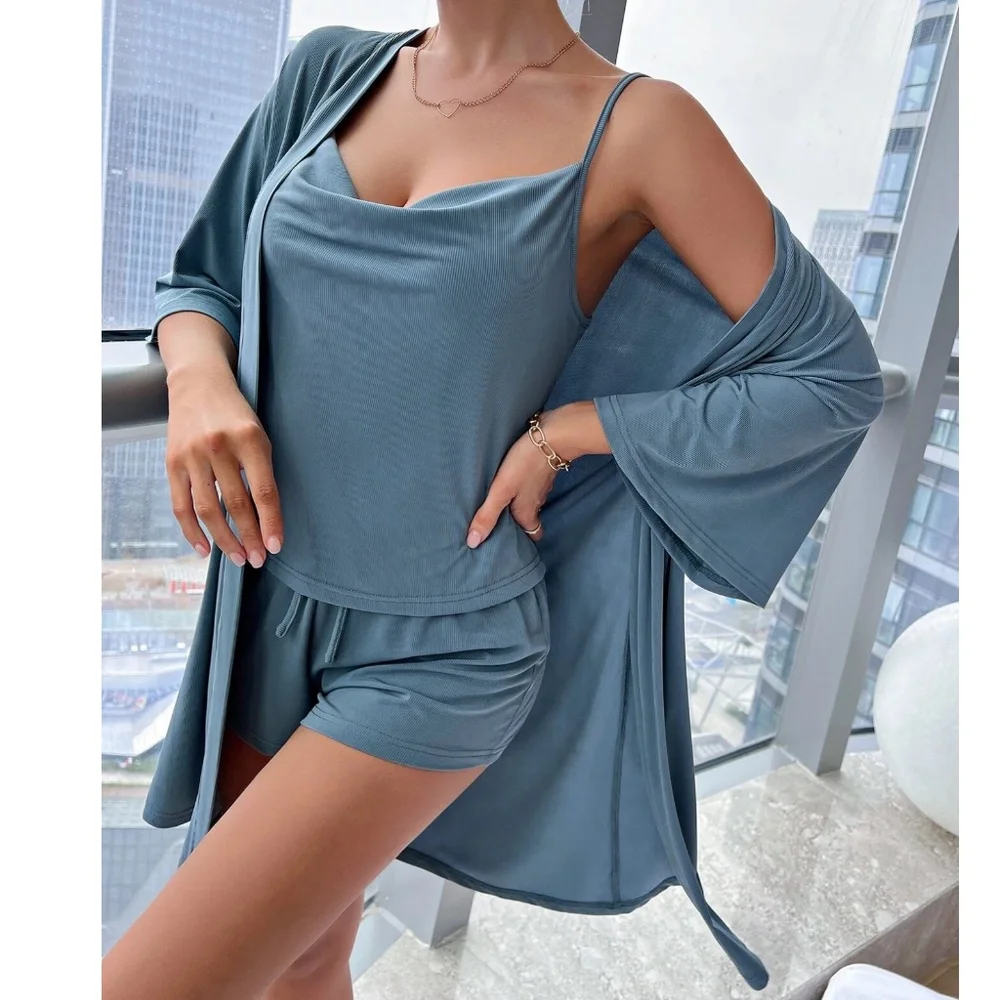 Casual Blue Ribbed Cami Top Shorts Duster Lounge Set - Picture 5 of 6